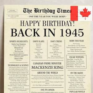 Póster de cumpleaños de Canadá de 1945, cartel de periódico para el 80.º cumpleaños (edición canadiense), nacido en 1945, decoración de regalo imprimible de hace 80 años.