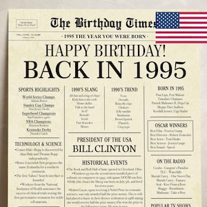 1995 30th birthday newspaper with USA fun facts, 1995 birthday board poster sign, birthday decoration, 30 years ago back in 1995 printable