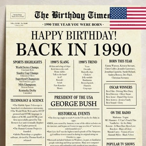 1990 35th birthday newspaper with USA fun facts, 1990 birthday board poster sign, birthday decoration, 35 years ago back in 1990 printable