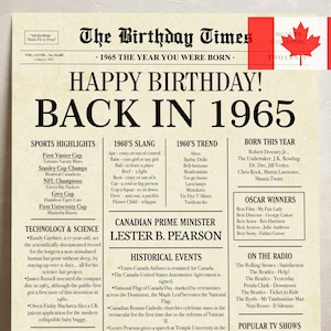 Back in 1965 Canada Birthday Sign, 60th Birthday Poster Printable, Born in 1965 Digital Newspaper, Vintage Party Gift for Him or Her