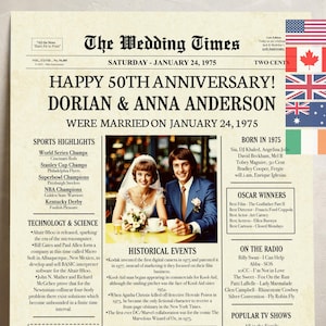 50th Wedding Anniversary Gift for Parents — 1975 Newspaper Poster, Back in 1975 Printable Decor, 50 Years Married Digital Download