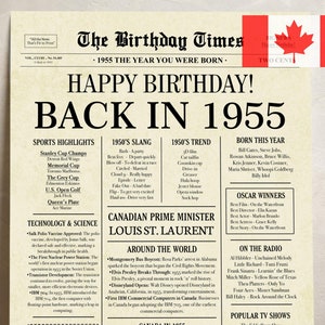 70e verjaardag krantenposter, geboren in 1955, terug in 1955, Canada-bord, 70 jaar geleden afdrukbaar decor, 70e feest digitaal cadeau