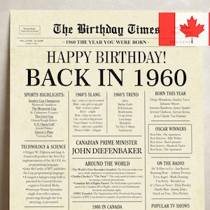 65 Geburtstag Zeitung Poster, geboren 1960, zurück in 1960 Kanada Zeichen, vor 65 Jahren druckbare Dekor, 65 Jahre Party digitales Geschenk