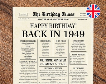 Back in 1949 United Kingdom | 74th Birthday Newspaper Sign | 1949 Birthday Poster UK | 74th Birthday Gift | 74 years ago back in 1949