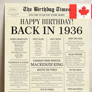Back in 1936 CANADA | 89th Birthday Newspaper Sign Canadian | 1936 Birthday Poster | 89th Birthday Gift | 89 years ago back in 1936