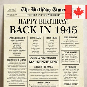 Cartaz de jornal de aniversário de 80 anos no Canadá, nascido em 1945, edição canadense de 1945, placa de presente de aniversário para impressão de 80 anos atrás