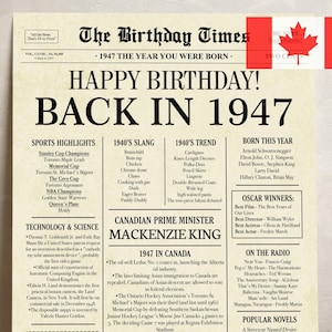 78th birthday newspaper poster printable gift born in 1947 fun facts digital sign back in 1947 canada birthday decor instant download