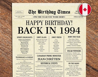 Back in 1994 CANADA | 29th Birthday Newspaper Sign Canadian | 1994 Birthday Poster | 29th Birthday Gift | 29 years ago back in 1994