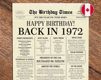 Back in 1972 CANADA | 51st Birthday Newspaper Sign Canadian | 1972 Birthday Poster | 51st Birthday Gift | 51 years ago back in 1972