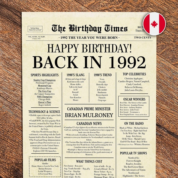 Back in 1992 CANADA | 31st Birthday Newspaper Sign Canadian | 1992 Birthday Poster | 31st Birthday Gift | 31 years ago back in 1992