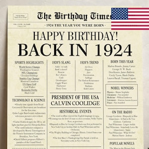 1924 poster, 101st birthday newspaper sign, 1924 birthday poster INSTANT DOWNLOAD, 101 years ago back in 1924, 101st birthday decorations