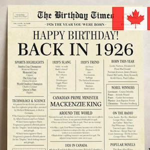 Letrero de periódico para el 99.° cumpleaños de Canadá, póster de cumpleaños de 1926, en 1926, Canadá, decoración para el 99.° cumpleaños, regalo para el 99.° cumpleaños
