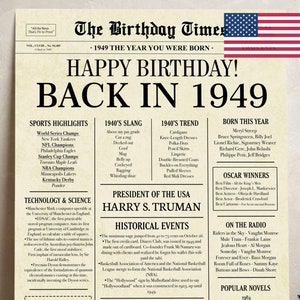 1949 poster, 76e verjaardag krantenbord, 1949 verjaardag poster INSTANT DOWNLOAD, 76 jaar geleden terug in 1949, 76e verjaardag decoraties