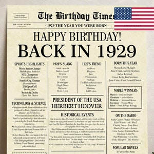 1929 poster, 96th birthday newspaper sign, 1929 birthday poster INSTANT DOWNLOAD, 96 years ago back in 1929, 96th birthday decorations