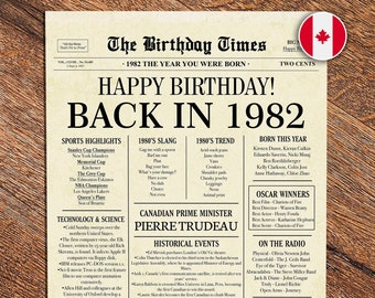 Back in 1982 CANADA | 41st Birthday Newspaper Sign Canadian | 1982 Birthday Poster | 41st Birthday Gift | 41 years ago back in 1982