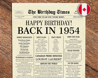 Back in 1954 CANADA | 70th Birthday Newspaper Sign Canadian | 1954 Birthday Poster | 70th Birthday Gift | 70 years ago back in 1954