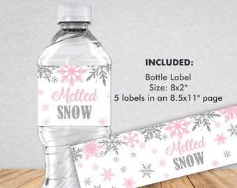 Melted Snow Water Bottle Label, Winter Onederland Bottle Label, Winter Onederland Birthday Girl Decorations, Pink Silver Snowflakes Party