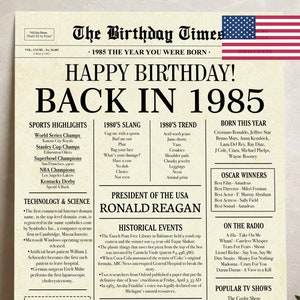 1985 40th birthday newspaper with USA fun facts, 1985 birthday board poster sign, birthday decoration, 40 years ago back in 1985 printable