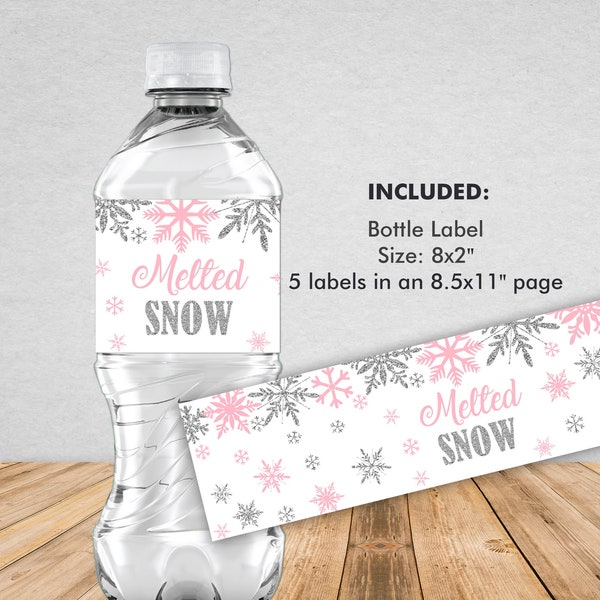 Melted Snow Water Bottle Label, Winter Onederland Bottle Label, Winter Onederland Birthday Girl Decorations, Pink Silver Snowflakes Party