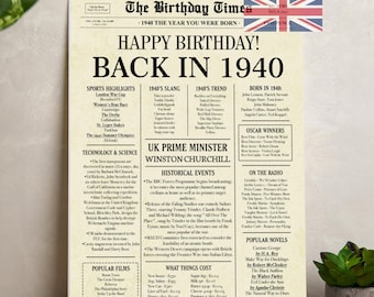 86th Birthday Newspaper Poster: 1940 UK Fun Facts (Digital Download)
