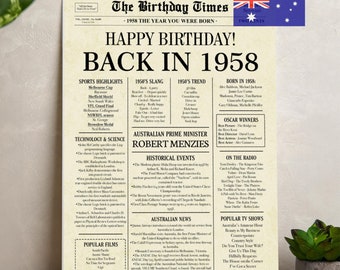 1958 Australian Birthday Newspaper Poster: Born in 1958 Australia 68th birthday gift