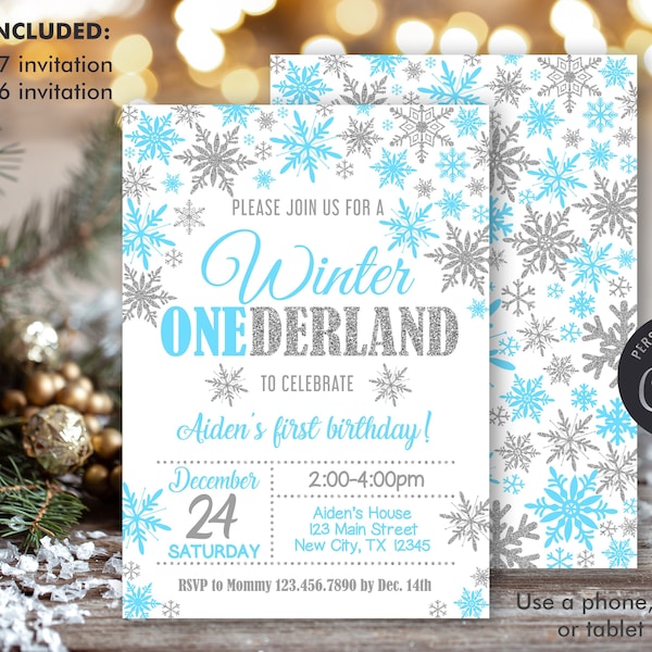 Winter Onederland Invitation Boy 1st Birthday Invitation, Winter Wonderland Birthday Invitation, Blue Silver Snowflake Editable Template