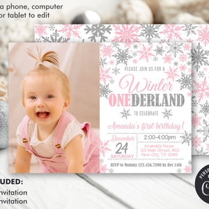 Winter Onederland Invitation Girl 1st Birthday Invitation, Winter Wonderland Birthday Invitation, First Birthday Snowflake Editable Template