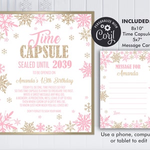 Winter Onederland Time Capsule and Matching Note Card Pink Champagne Gold Winter Onederland 1st Birthday Girl Decorations, Editable Template