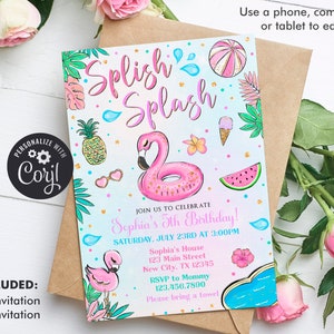 Flamingo Birthday Invitation, Splish Splash Birthday Invitation, Flamingo Pool Party Invitation Girl Instant Download Editable Template