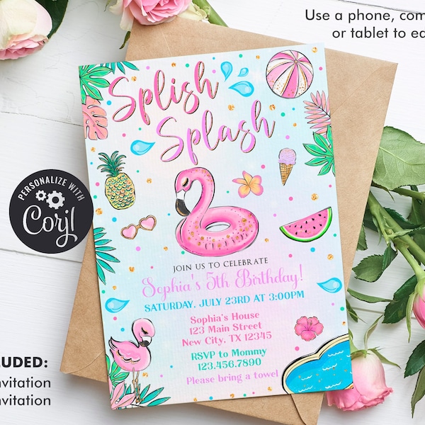 Invitation d’anniversaire Flamingo, Invitation d’anniversaire Splish Splash, Invitation à la fête de la piscine Flamingo Fille Téléchargement instantané Modèle modifiable