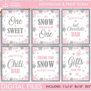 Winter Onederland Signs, Winter Onederland Birthday Girl Decorations, Pink Silver Snowflakes First Birthday Decorations Instant Download