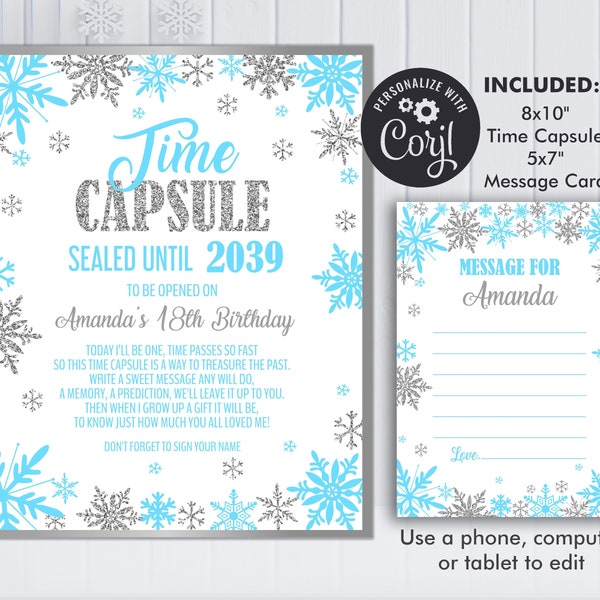 Winter Onederland Time Capsule and Matching Note Card Blue Silver Winter Onederland 1st Birthday Boy Decorations, Editable Template