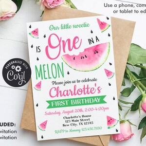 Watermelon Invitation, One in a melon invitation, Pink Watermelon Birthday Invitation, Girl 1st Birthday invitation Instand Download