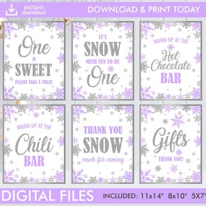 Winter Onederland Signs, Winter Onederland Birthday Girl Decorations, Purple Silver Snowflakes First Birthday Decorations Instant Download