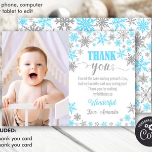 Winter Onederland Thank you card with photo, Winter Onederland Birthday Boy Decorations, Blue Silver Snowflake Note Card editable template