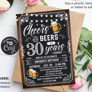 Cheers and Beers to 30 Years Invitation, Cheers and Beers to 30 Years, 40 Years, 50 Years Invitation, Editable Adult Birthday Invitation