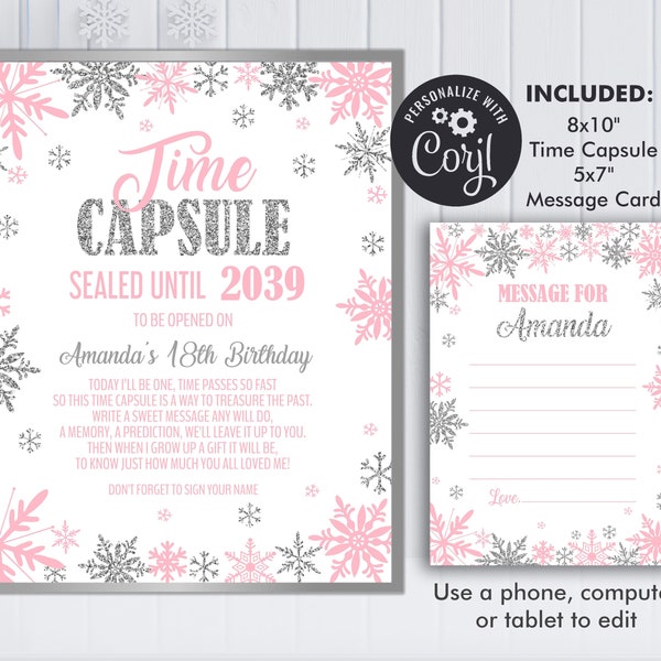 Winter Onederland Time Capsule and Matching Note Card Pink Silver Winter Onederland 1st Birthday Girl Decorations, Editable Template