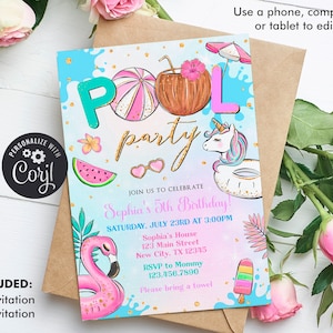 Pool Party Invitation Girl, Pool Party Unicorn Invitation Instant Download, Swimming Party Invite, Editable Template