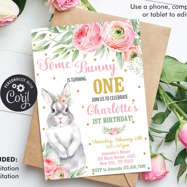 Some Bunny is One Birthday Einladung Mädchen 1. Geburtstag Einladung, Bunny Geburtstag Einladung Sofort Download, Bearbeitbare Vorlage