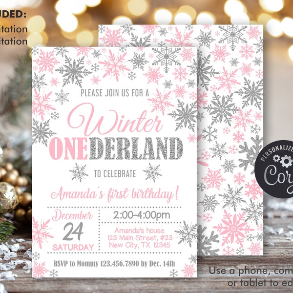 Winter Onederland Invitation Girl 1st Birthday Invitation, Winter Wonderland Birthday Invitation, Premier anniversaire Snowflake Modèle modifiable