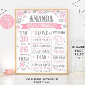 Winter Onederland 1st Birthday Sign, Winter Onederland Birthday Girl Decorations, Milestone Birthday Poster, Editable Template Digital File