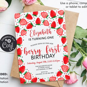 Berry First Birthday Invitation, Strawberry Birthday Invitation, 1st Birthday Invitation Girl, Summer Invitaton Editable Template