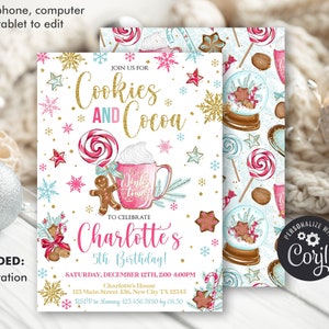 Cookies and Cocoa Birthday Invitation Girl Winter Time Birthday Invitation, Gingerbread Invitation, Editable Template