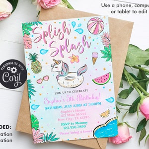Splish Splash Birthday Invitation, Unicorn Pool Party Invitation Girl, Splash Pad Invitation Instant Download Editable Template