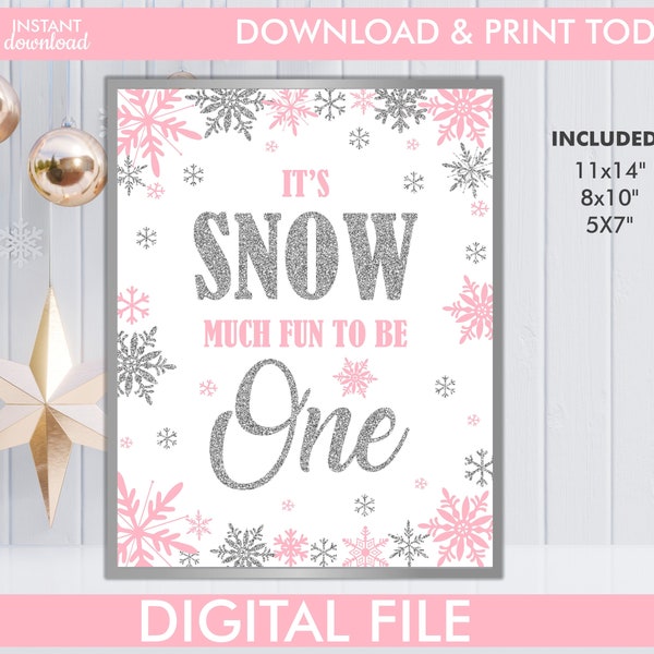 Winter Onederland Sign, It's Snow Much Fun to be One,  Winter Onederland Birthday Girl Decorations, Pink Silver Snowflakes Instant Download