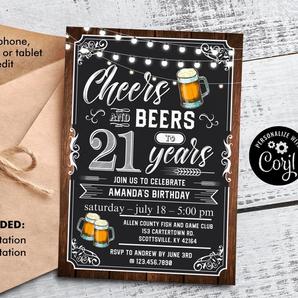 Cheers and Beers to 21 Years Invitation, 21st Birthday Invitation, Editable Adult Birthday Invitation
