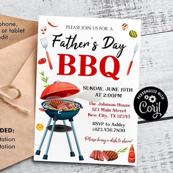 Father's Day BBQ Invitation, Father's Day Invitation, Barbeque Invitation, Editable Template Instant Download