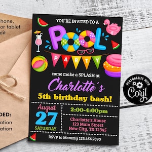 Pool Party Birthday Invitation Girl, Pool Party Invitation Instant Download, Swimming Party Invite, Editable Template