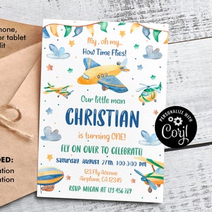 Airplane First Birthday Invitation: Editable Template (Digital Download)