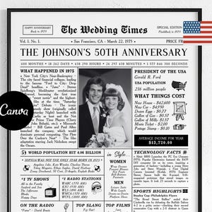 50th Anniversary Newspaper Canva Template, 1975 Wedding Infographic Printable Gift, 50 Years Married Poster for Parents or Couple